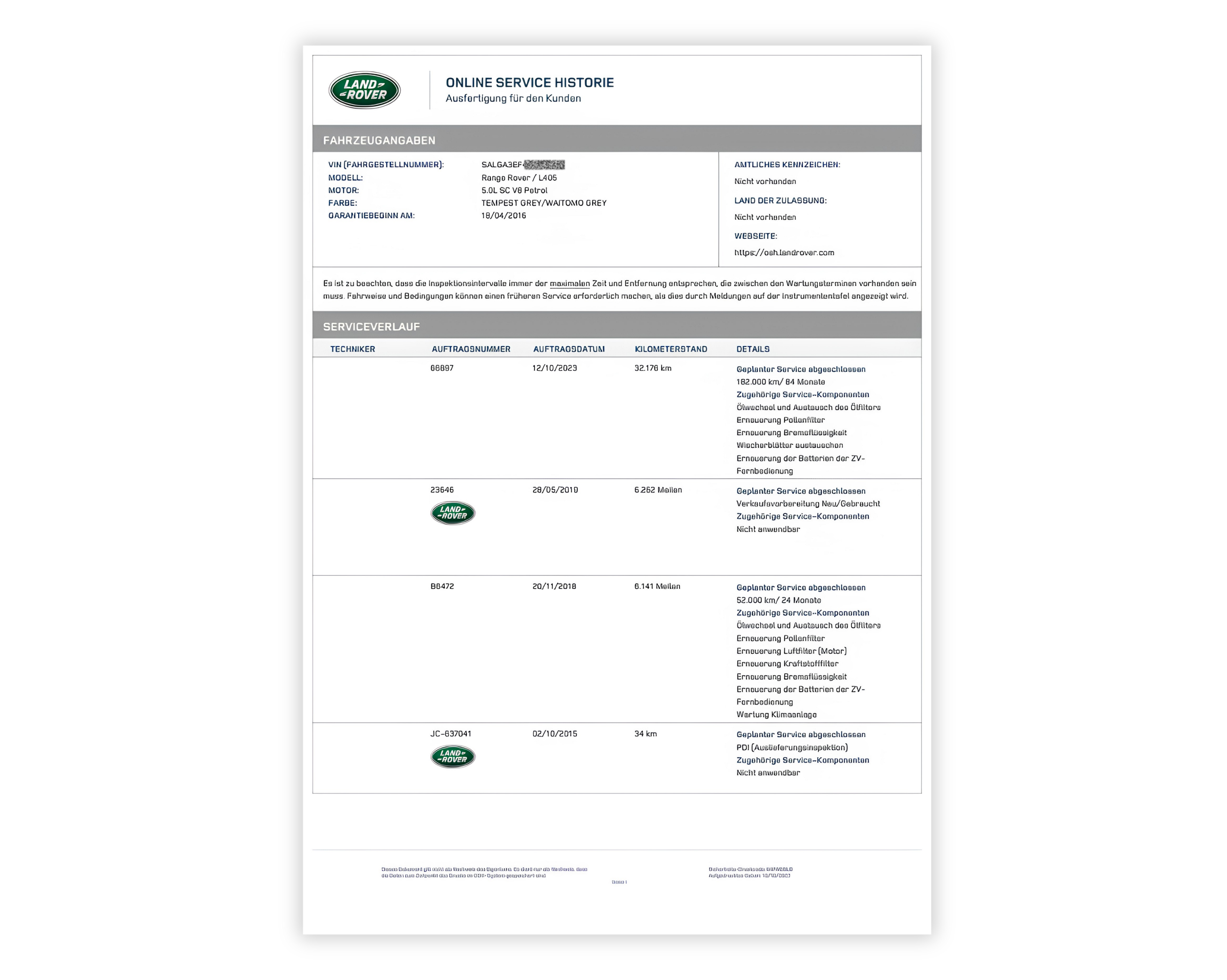 Screenshot einer Webseite mit dem Servicenachweis eines Fahrzeugs, mit Wartungshistorie für Landrover, einschließlich Servicedaten, Kilometerstand und durchgeführten Arbeiten bei jedem Besuch.